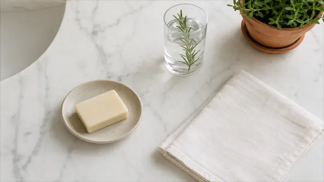 Fondo de pantalla minimalista de mármol blanco con jabón y planta