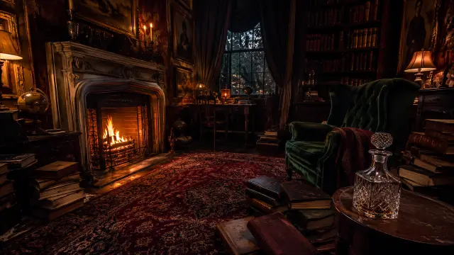 Estudio antiguo con chimenea y sillón verde