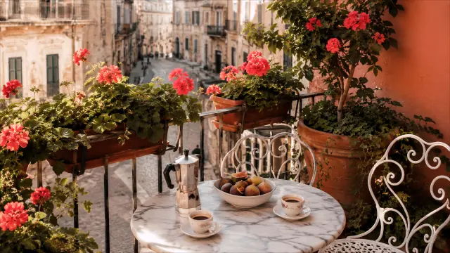 cafetería en balcón con flores rojas y café italiano