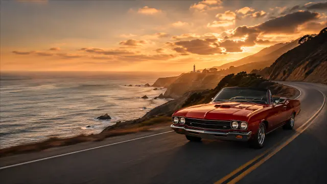Clásico rojo conversible en carretera costera al atardecer