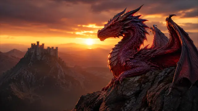 Dragón rojo majestuoso al atardecer en las montañas