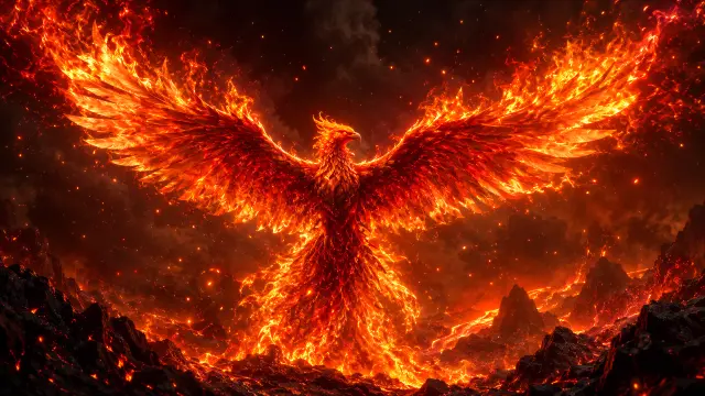 Fénix de fuego en erupción volcánica con alas de llamas