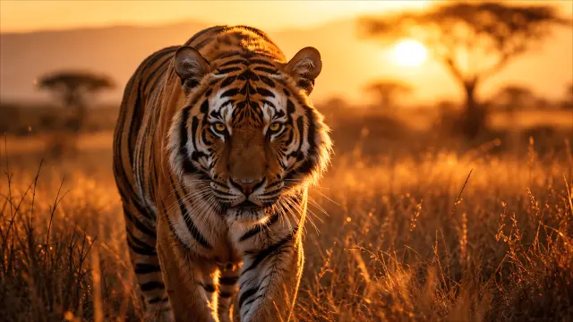 Tigre caminando al atardecer en la sabana