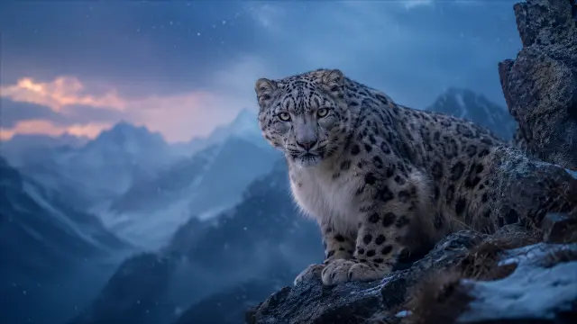 Leopardo de niebla en montañas nevadas al atardecer