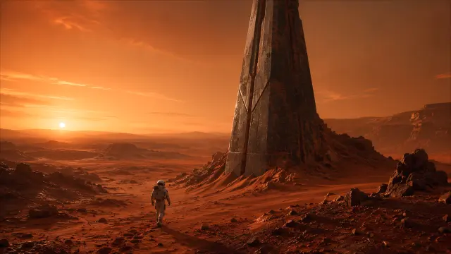 Astronauta caminando por Marte al atardecer con monumento gigante