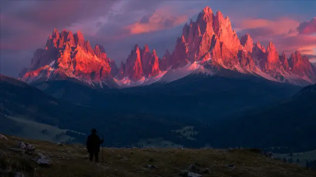 Paisaje montañoso al atardecer con figura siluetada