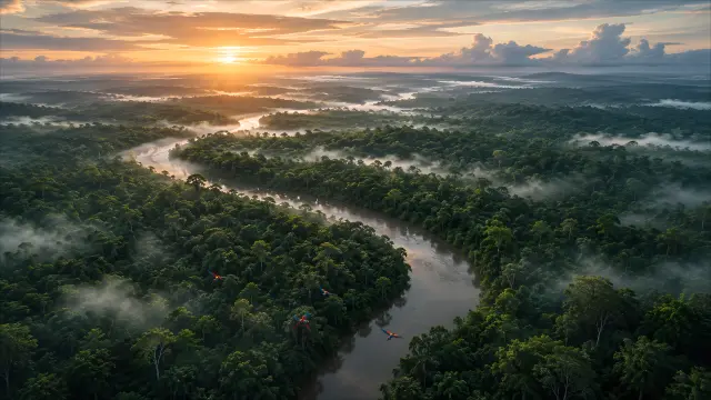 Amanecer sobre la selva amazónica con río y loros volando