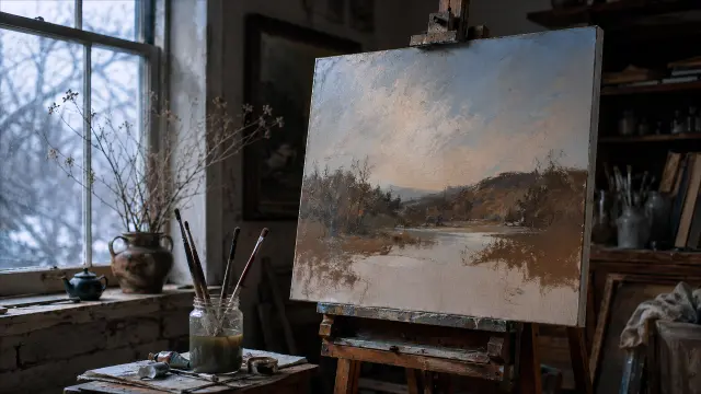 estudio de pintura al atardecer con lienzo