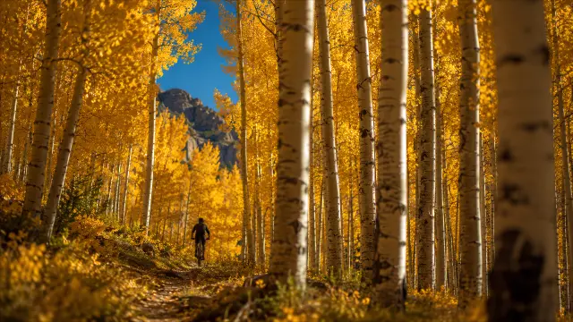 Ciclista en bosque de álamos dorados al atardecer