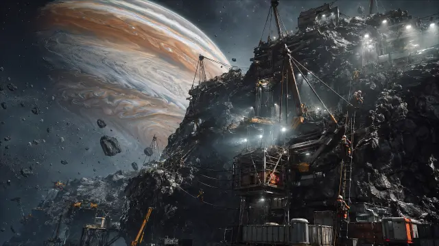 Minería espacial con planeta gigante al fondo de pantalla