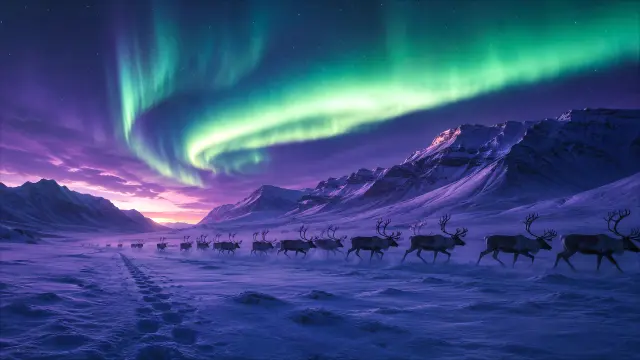 Aurora boreal entre renos en paisaje arctico al atardecer