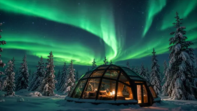 Domo de cristal con aurora boreal y pinos nevados