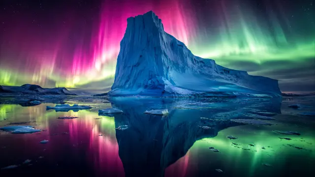 Iceberg bajo aurora boreal en agua tranquila