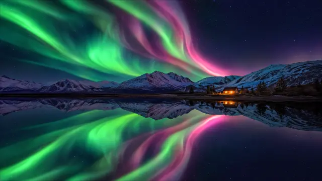Aurora boreal sobre montañas y casa en el lago