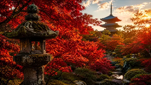 Antejardín japonés de otoño con pagoda y farol