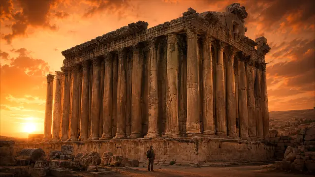 Templo griego al atardecer dorado