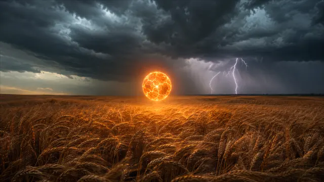 Campo de trigo y sol brillante bajo tormenta oscura