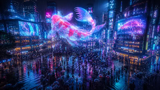 Gran Koi holográfico flotando en Tokio neón lluviosa