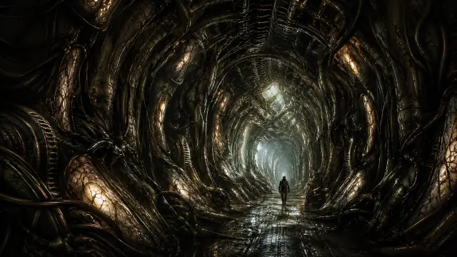 Pasadizo biotecnológico futurista oscuro con explorador scifi