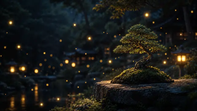 Bonsaí en Jardín Zen Nocturno