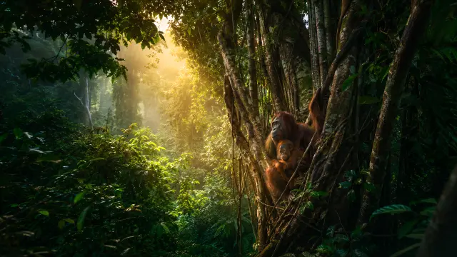 Orangután en el bosque al amanecer dorado