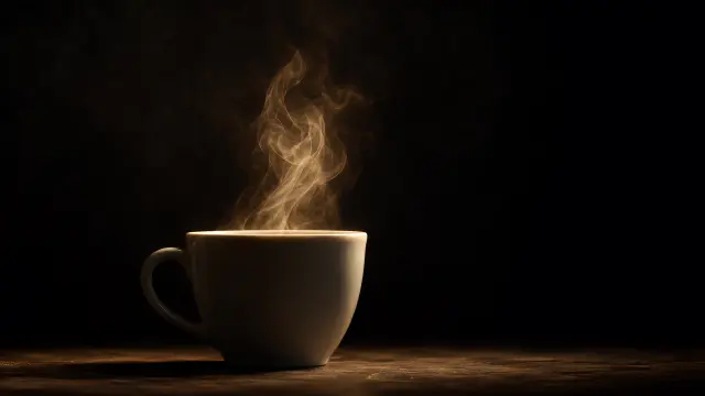 Taza de café humeante sobre mesa oscura