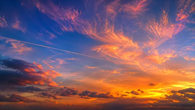 Atardecer vibrante con estela de avión y nubes rojizas