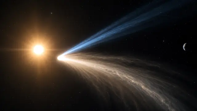 Cometa brillante cerca de un sol y planeta