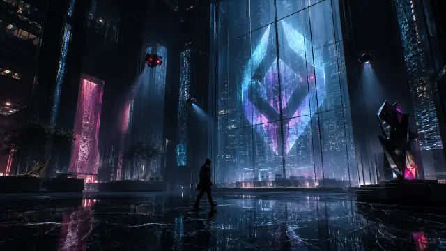 Lobby futurista cyberpunk con holograma y silueta nocturna