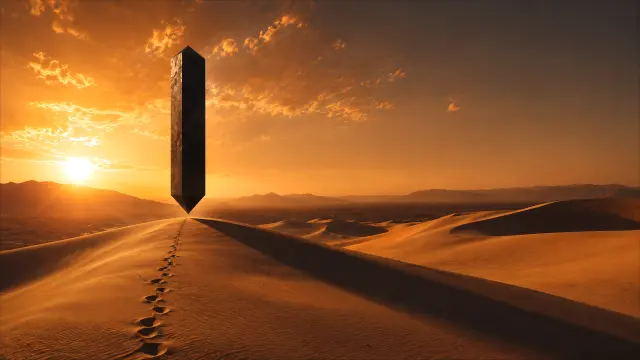 Fondo de pantalla desierto con monolito al atardecer