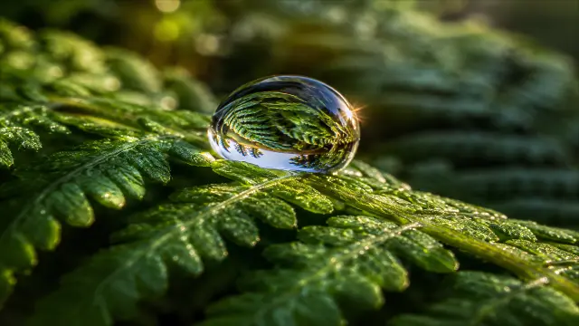 Gotas en una hoja de helecho con luz cálida