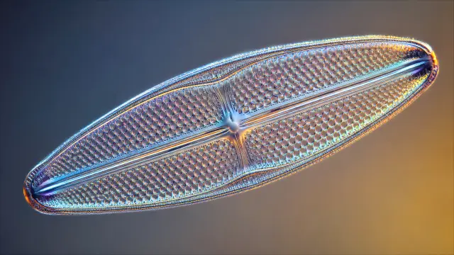 Cristal de diatomea bajo microscopio azul dorado