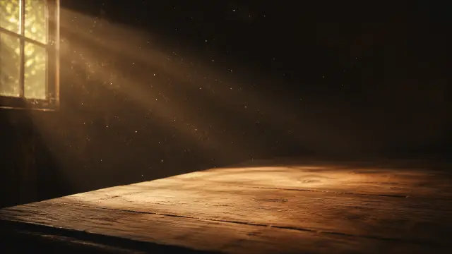 Piso de madera iluminado por luz cálida en habitación oscura