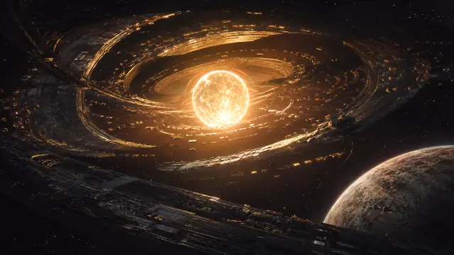 Megaestructura orbital dorada alrededor de estrella y planeta