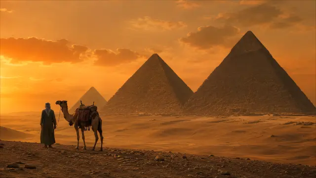 Pirámides egipcias y camello al atardecer