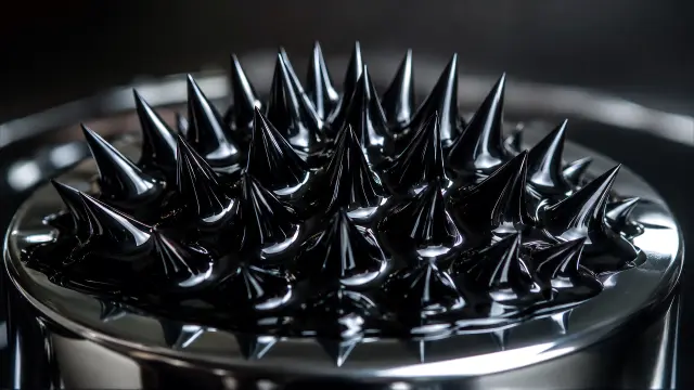 Estructura abstracta de esferas negras brillantes y puntas agudas en un contenedor metálico reflectante bajo iluminación dramática.