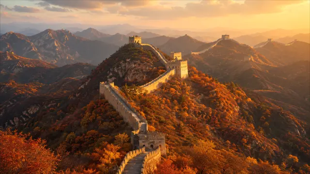 Gran Muralla China al atardecer en bosque de otoño