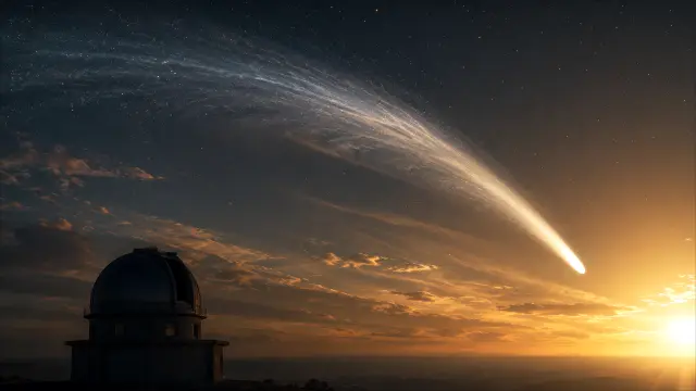 Cenita con cometa y telescopio en el horizonte