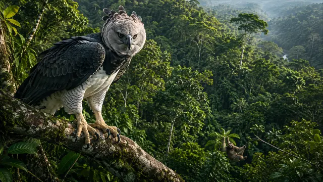Águila arpía sobre selva exuberante