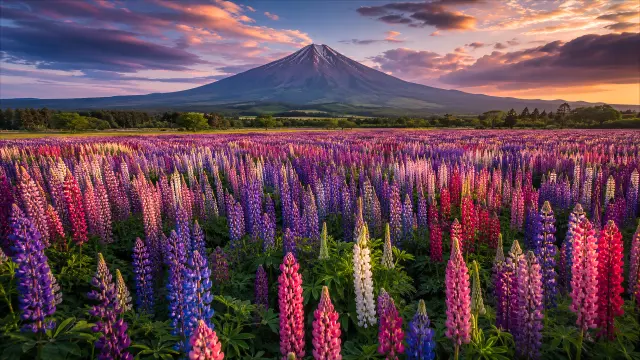 Fondo de pantalla 4K: Campo de flores y montaña al atardecer