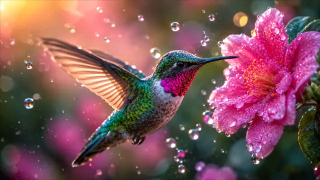 Colibrí rosa bebiendo nectar en flor brillante