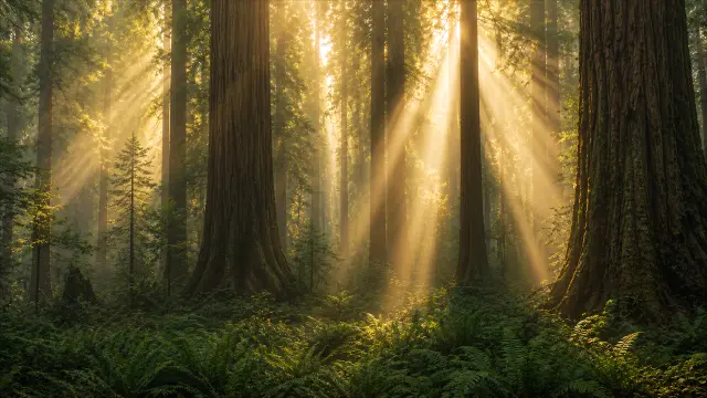 Bosque mágico con rayos de sol