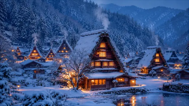 Aldea japonesa nevada en atardecer invernal