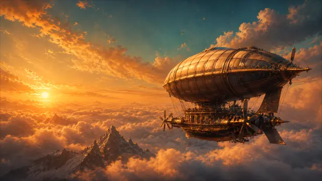 Aeronave de vapor sobre nubes y montañas al atardecer