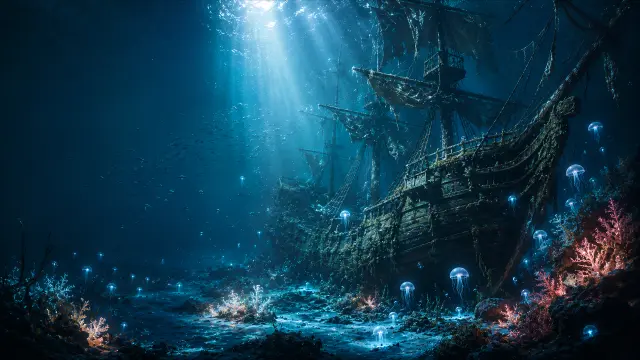 Navío fantasma iluminado bajo el océano