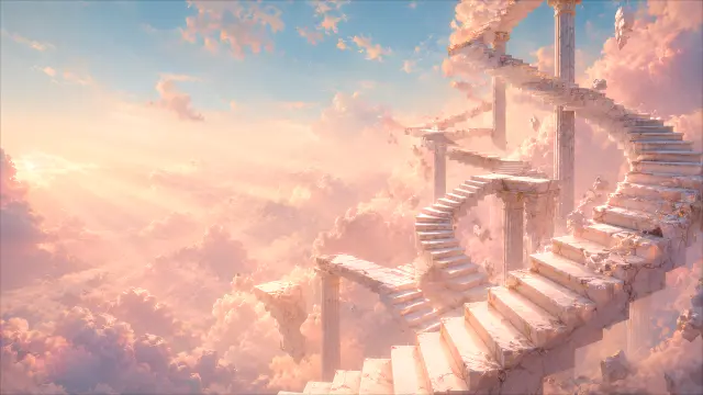 Escalera de mármol entre nubes rosadas