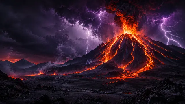 Erupción volcánica con rayos y lava